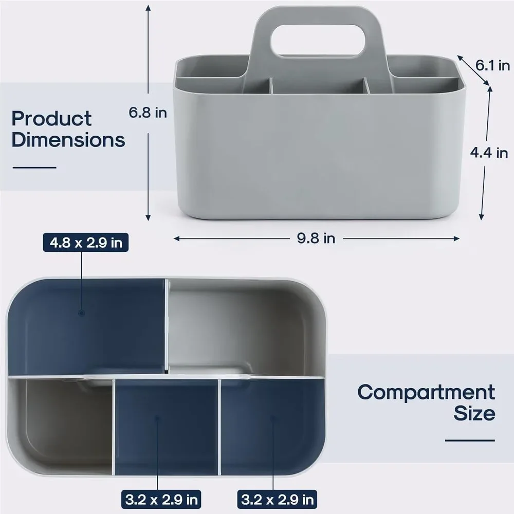 Portable Organizer Caddy with Handle Divided Storage Bin Desk Bathroom Grey